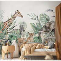 Safari Wallpaper For Children With Animals/Wall Mural Lion Elephant Giraffe Watercolor Tropical Wall | Etsy (US)