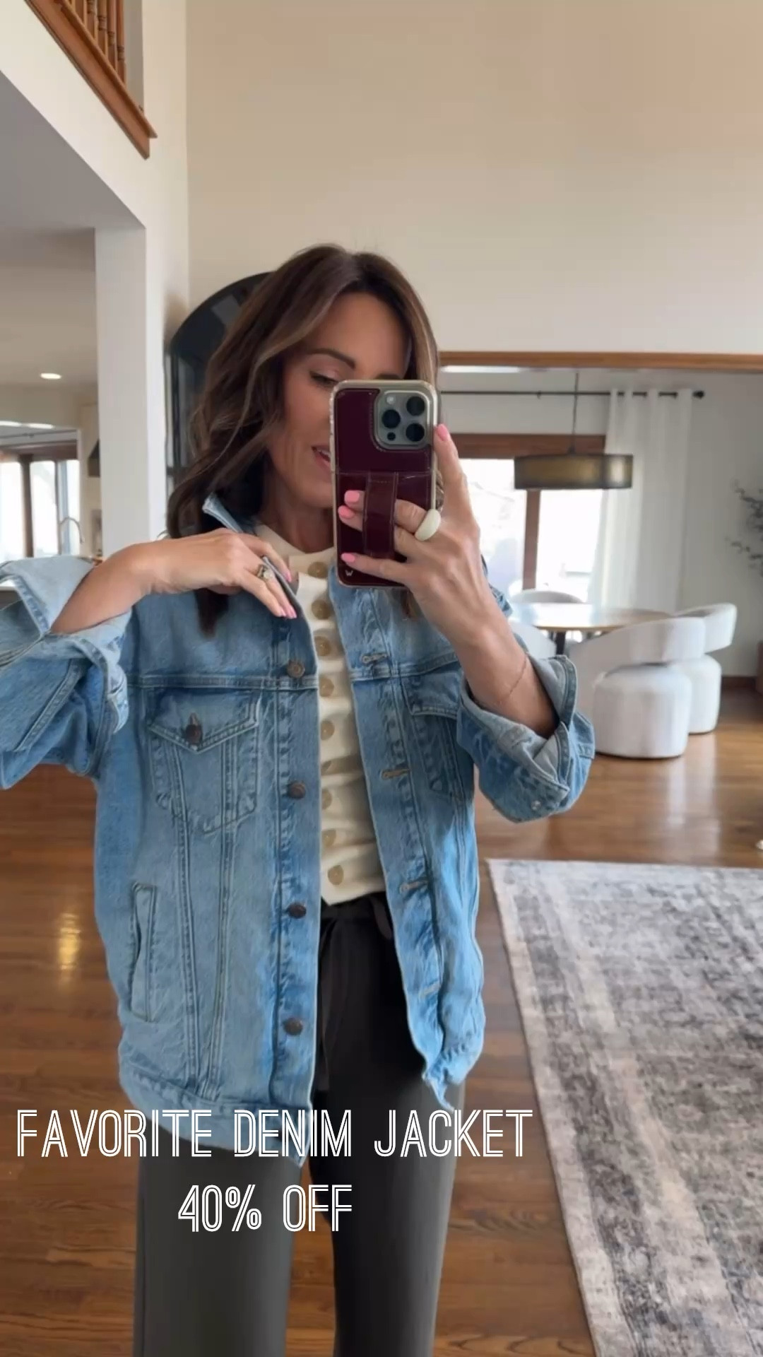 40% off denim jacket. 
Love the oversized fit. And faded light wash. 
XS
Pants size small in regular 
XS top

#LTKSaleAlert #LTKSeasonal #LTKmomlife