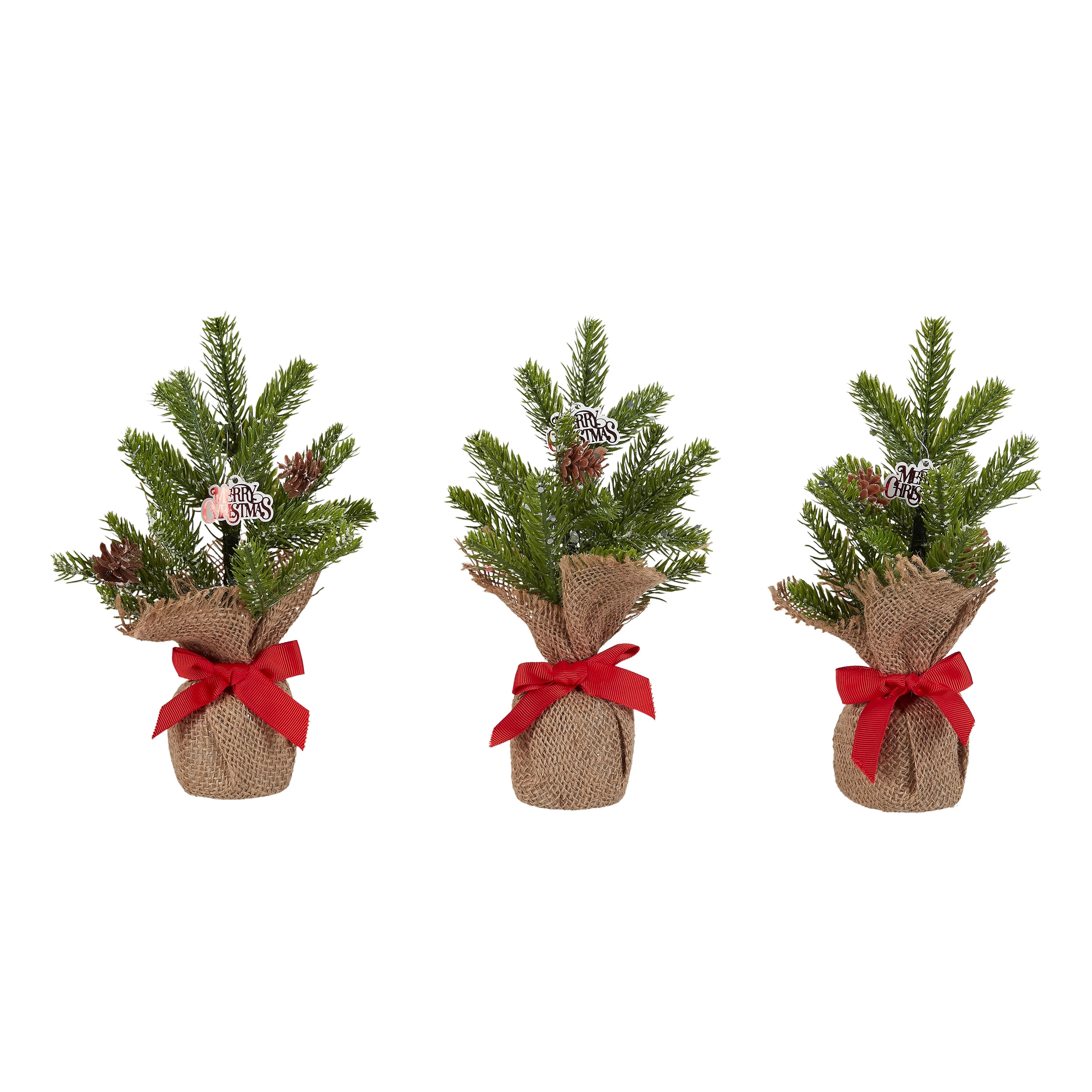 Holiday Time Snow Pine Tree with Burlap Base Decorations, 10", Set of 3 | Walmart (US)