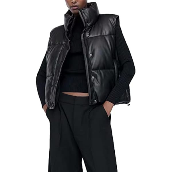 Ailoqing Womens Faux Leather Puffer Vest Zip Up Sleeveless Winter Cropped Jacket | Amazon (US)