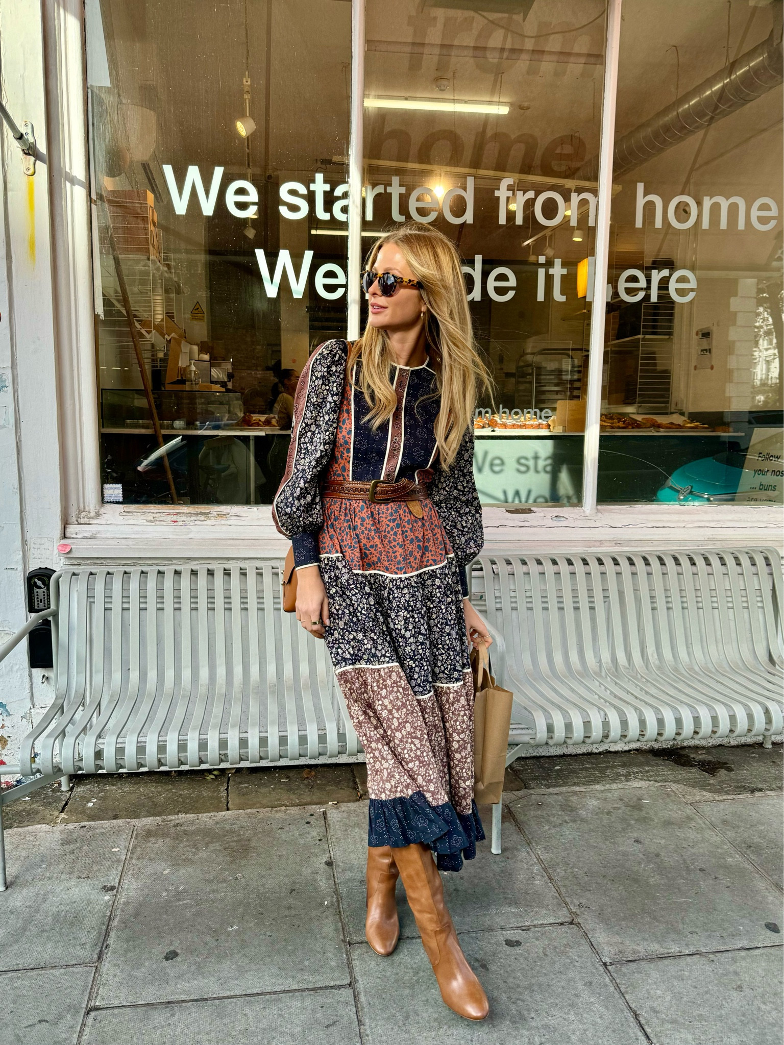 Afternoon trip to Buns from Home wearing this gorgeous patchwork dress and brown knee high boots #autumnoutfits  

#LTKeurope #LTKstyletip #LTKSeasonal