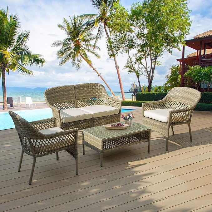 Peaktop Rattan Patio Furniture Set Table & 4 Chair Beige Conversation PT-OF0011-UK, Multi-Color | Amazon (UK)