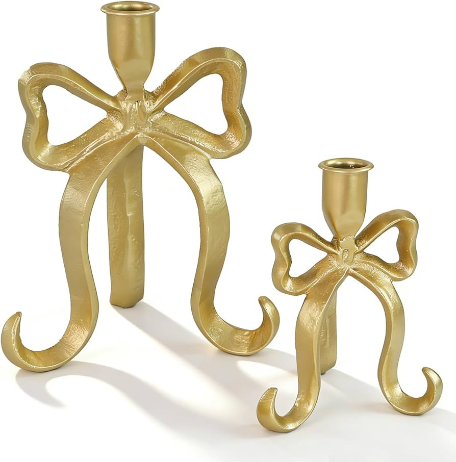 Gold Bow Taper Candle Holders Set of 2 Vintage Cast Iron Heavy Duty Candlestick Holders for Mantl... | Amazon (US)