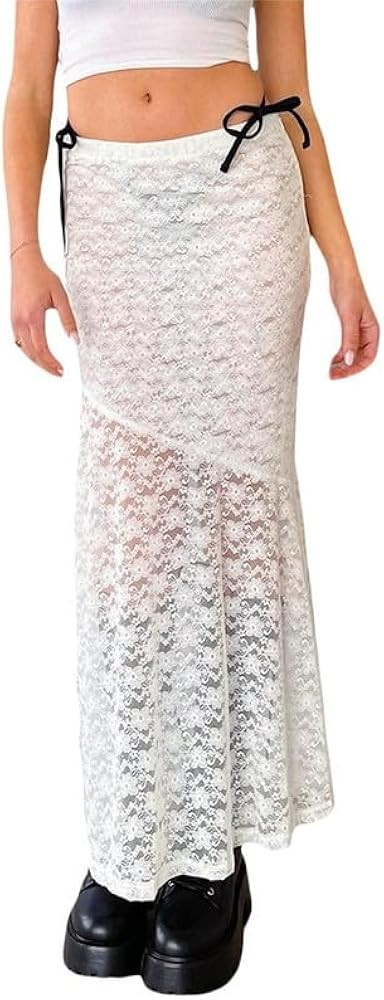 Sastianaen Women Y2k Floral Lace Skirt See Through Bodycon Maxi Skirt Irregular Low Rise Midi Ski... | Amazon (CA)