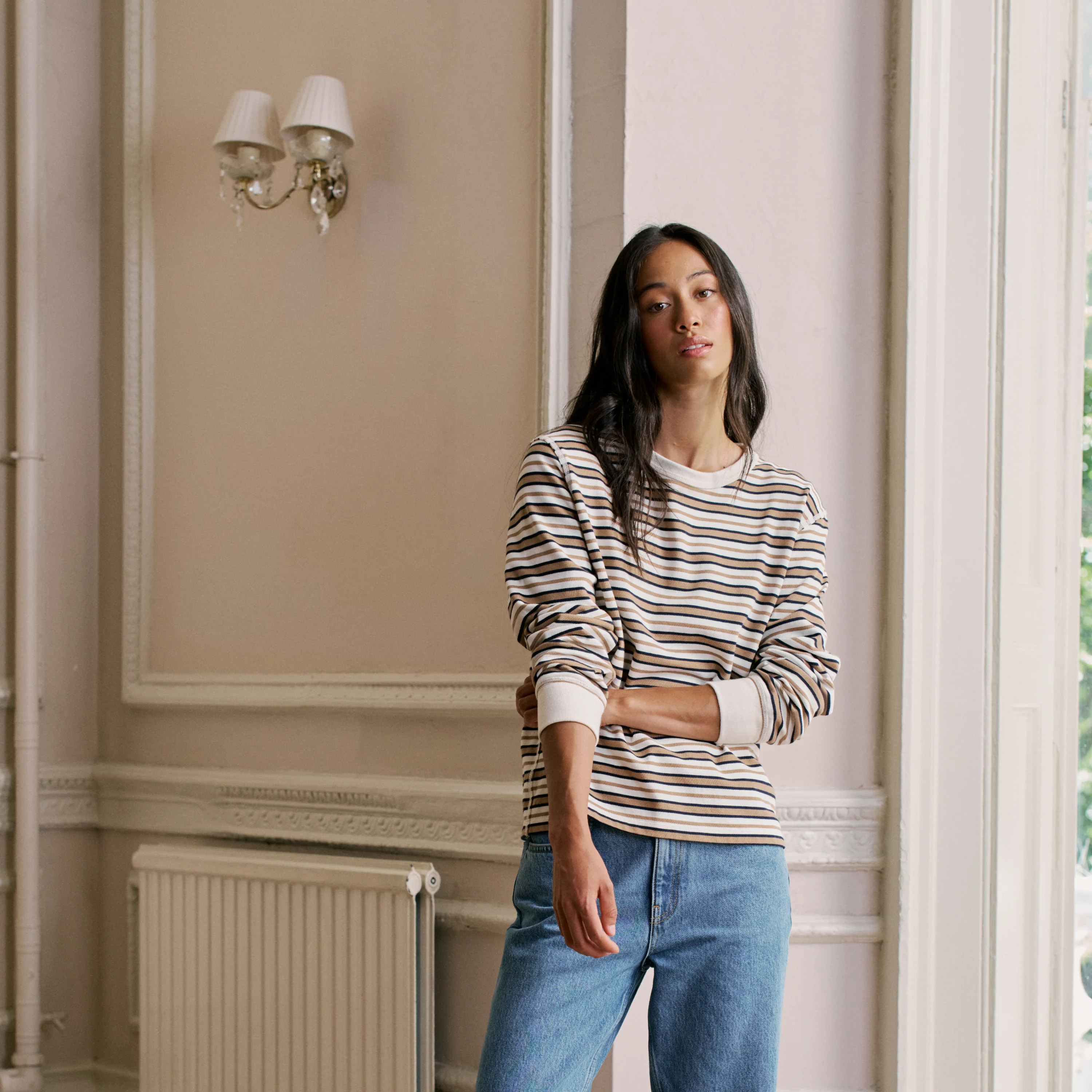 Bessette Top: Cotton Jersey, Brown and Ecru Stripe | With Nothing Underneath