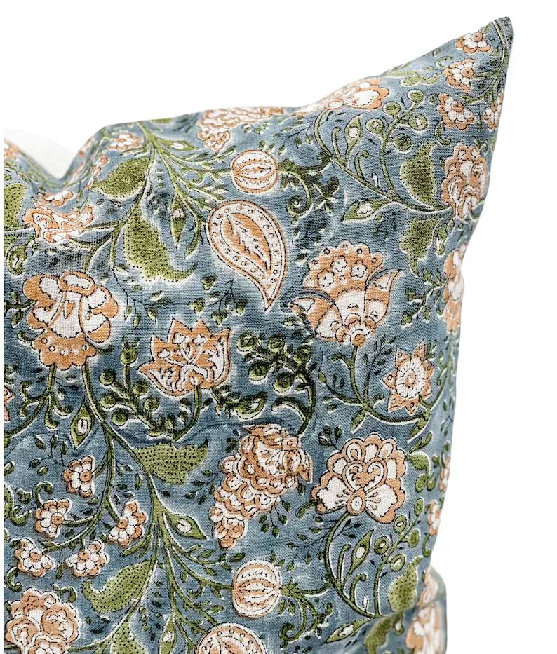 Designer Floral Print on Natural Linen Pillow Cover Grey Blue | Etsy | Etsy (US)