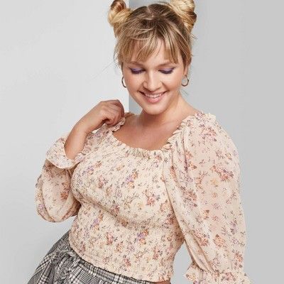 Women's Plus Size Floral Print Long Sleeve Square Neck Smocked Top - Wild Fable™ Ivory | Target