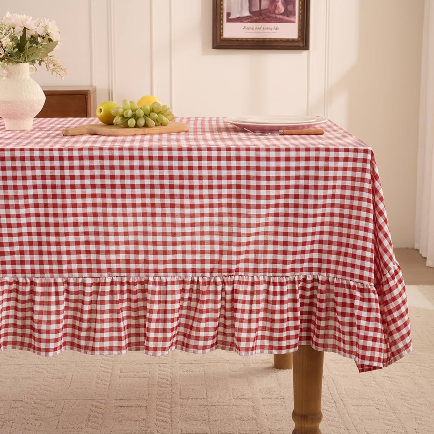 Romanstile Gingham Ruffled Tablecloth Rectangle - Waterproof Linen Cotton Checkered Table Cloth, ... | Amazon (US)