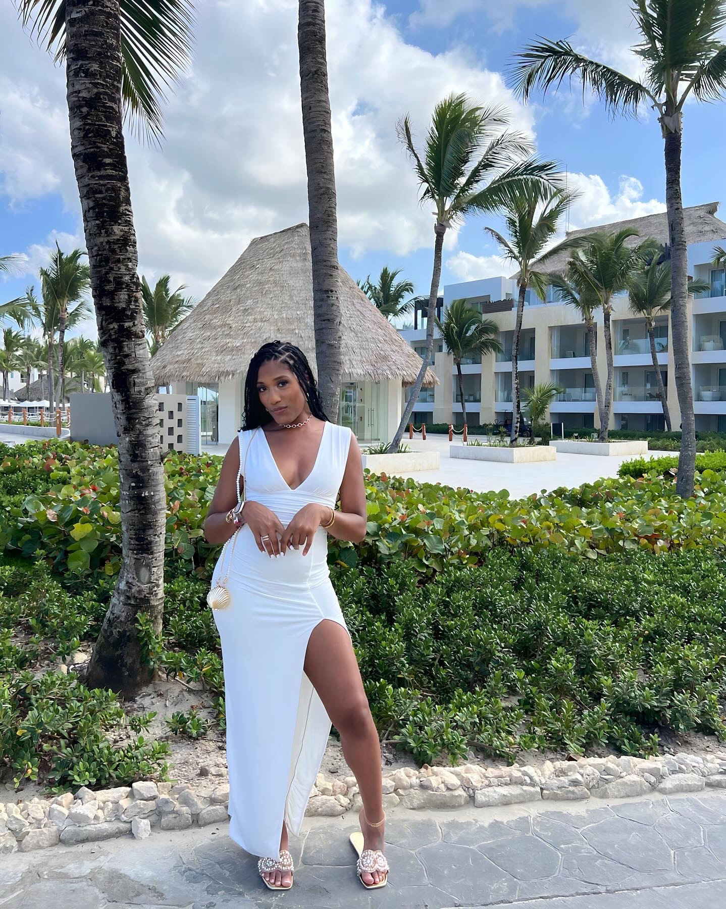 The perfect all white, destination wedding dress. This sleek and comfortable dress was perfect for hot weather but elegant for a wedding.

The gold sandals and gold clutch were the perfect touch to this all white look. 

It gives baddie on vacation. lol ✨🤍

#LTKSeasonal #LTKParties #LTKStyleTip