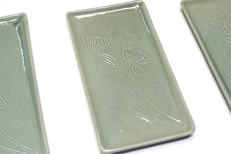 Handcrafted Celadon Ceramic Serving Trays With Floral Relief Artisanal Kitchenware in Sage Green ... | Etsy (US)
