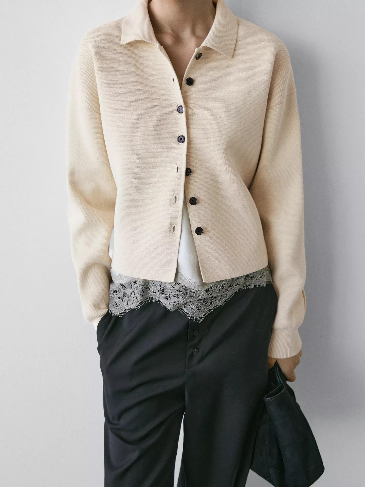 Cotton knit cardigan with polo collar | Massimo Dutti UK