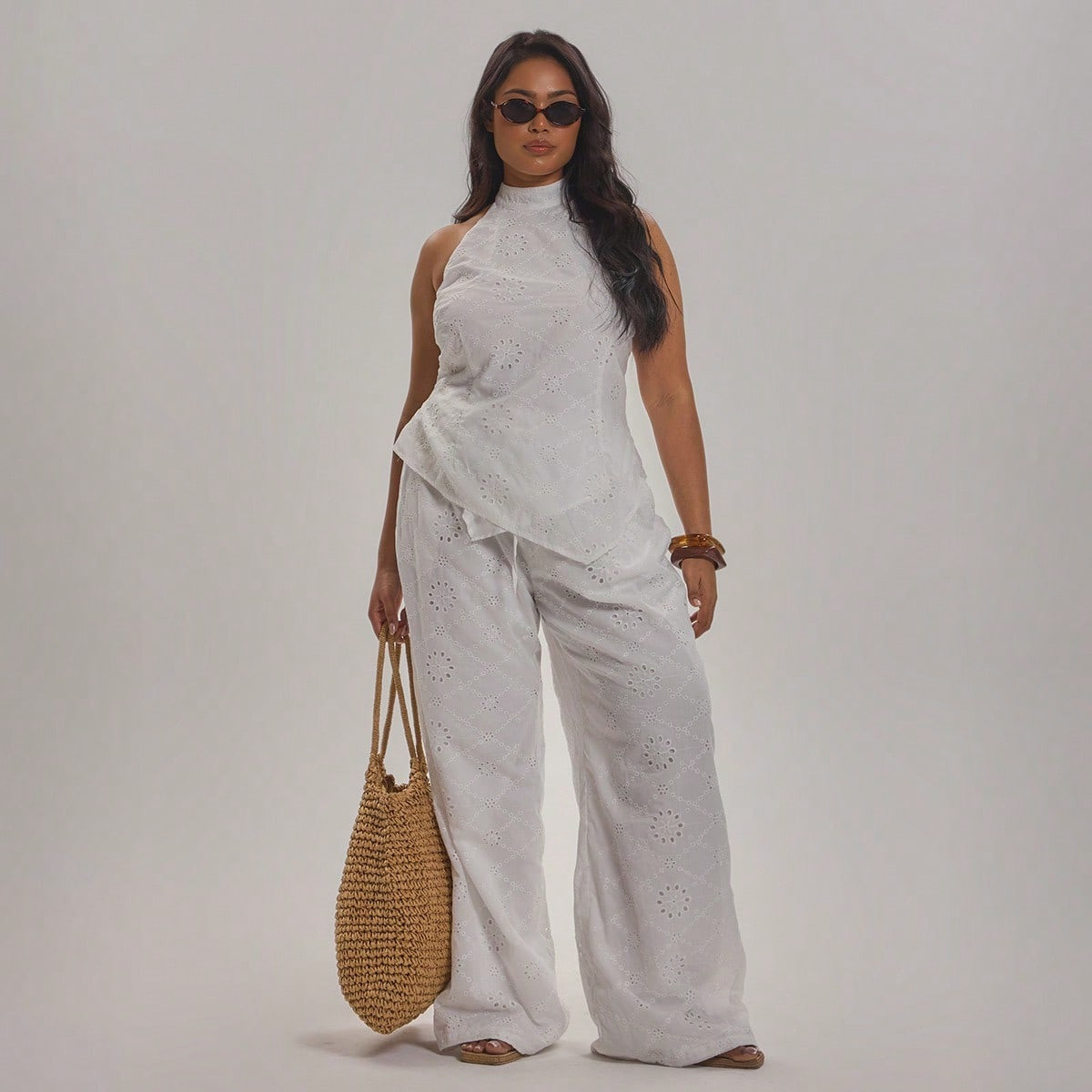MUSERA Plus Size Broderie Wide Leg Trousers Spring Summer Elegant Holiday Vacation Beach Late Checkout | SHEIN