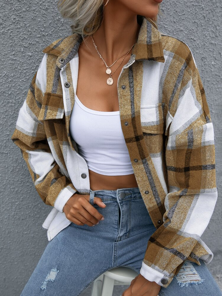 Plaid Flap Pocket Drop Shoulder Jacket | SHEIN