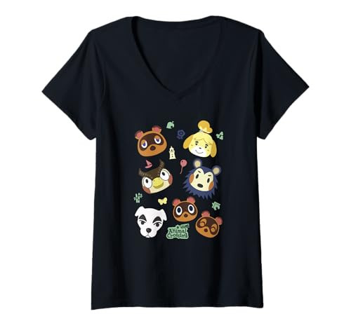 Womens Animal Crossing Cute Pet Friends Nintendo Big Face Jumble V-Neck T-Shirt | Amazon (US)
