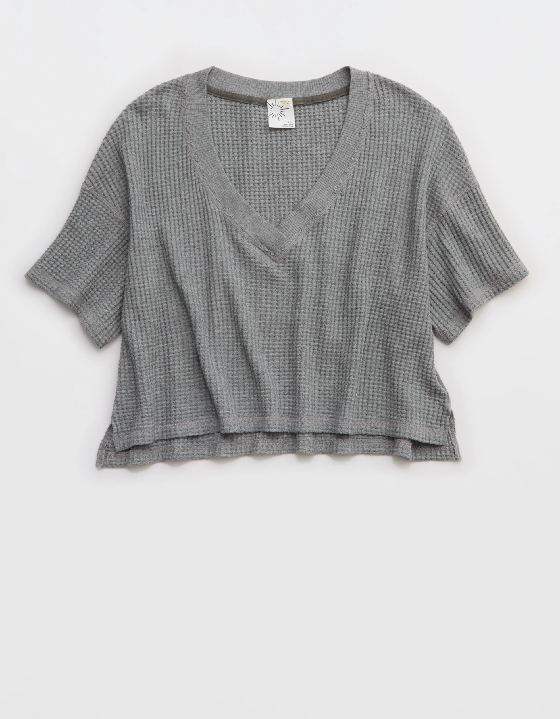 OFFLINE By Aerie Wow! Waffle V Neck Cropped Relaxed Short Sleeve T-Shirt | American Eagle Outfitters (US & CA)