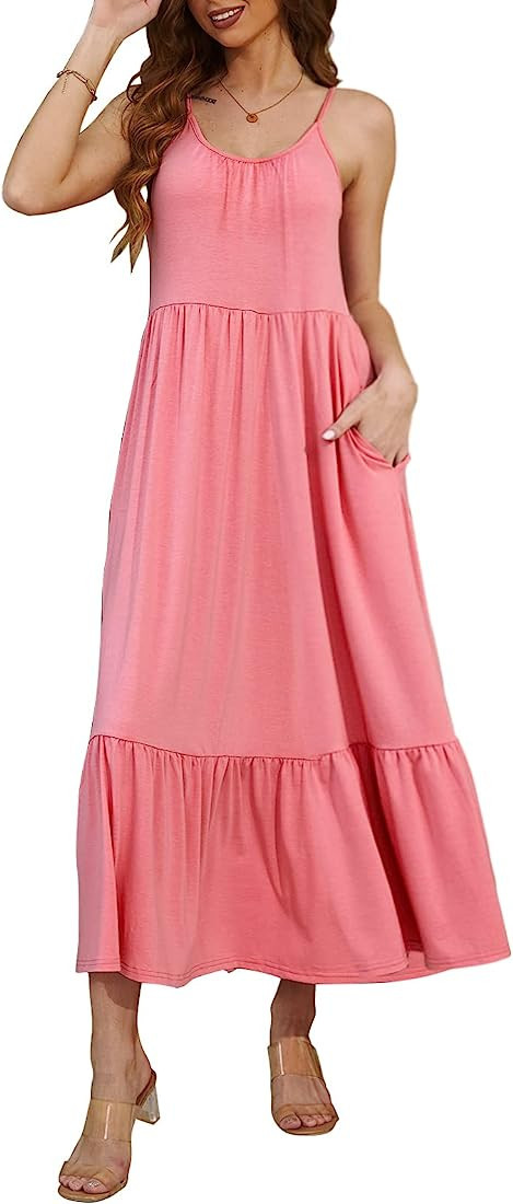 Mieazom Women's Sleeveless Maxi Dress Spaghetti Strap Summer Casual Loose Tiered Flowy Swing Beac... | Amazon (US)