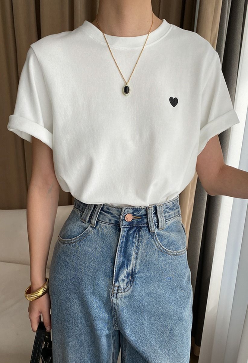 Cute Embroidered Heart Pattern T-Shirt in White | Chicwish