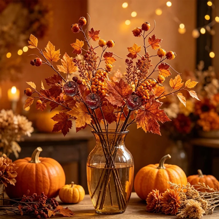 Artificial Maple Leaf Bouquet, Fall Pumpkin Sunflower Berry Stems for Vase Table Centerpiece, Mul... | Walmart (US)