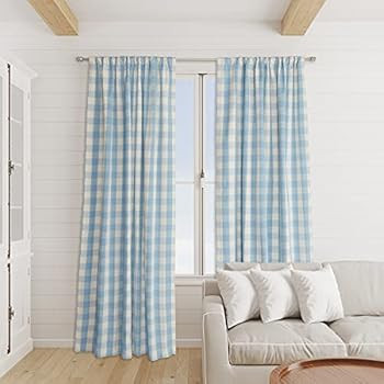 Decoberry Mertie - Buffalo Checks, Powder Blue & Off White, Set of 2 - 100% Cotton Curtains, Partial | Amazon (US)