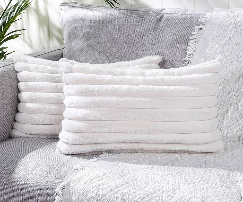 Neelvin Pack of 2 Faux Fur Plush Decorative Throw Pillow Covers Fuzzy Striped Soft Pillowcase Cus... | Amazon (US)