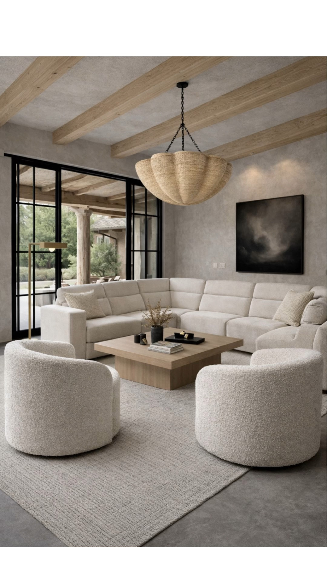 Modern living room decor.
Neutral, woven chandelier, recliner sectional sofa, swivel chairs, light wood coffee table, organic modern, transitional, minimalist, Nancy Meyers style, Crate & Barrel style, earthy, wall art, Amazon, vase, drapes, Pottery Barn, 

#LTKmomlife #LTKHome #LTKSaleAlert