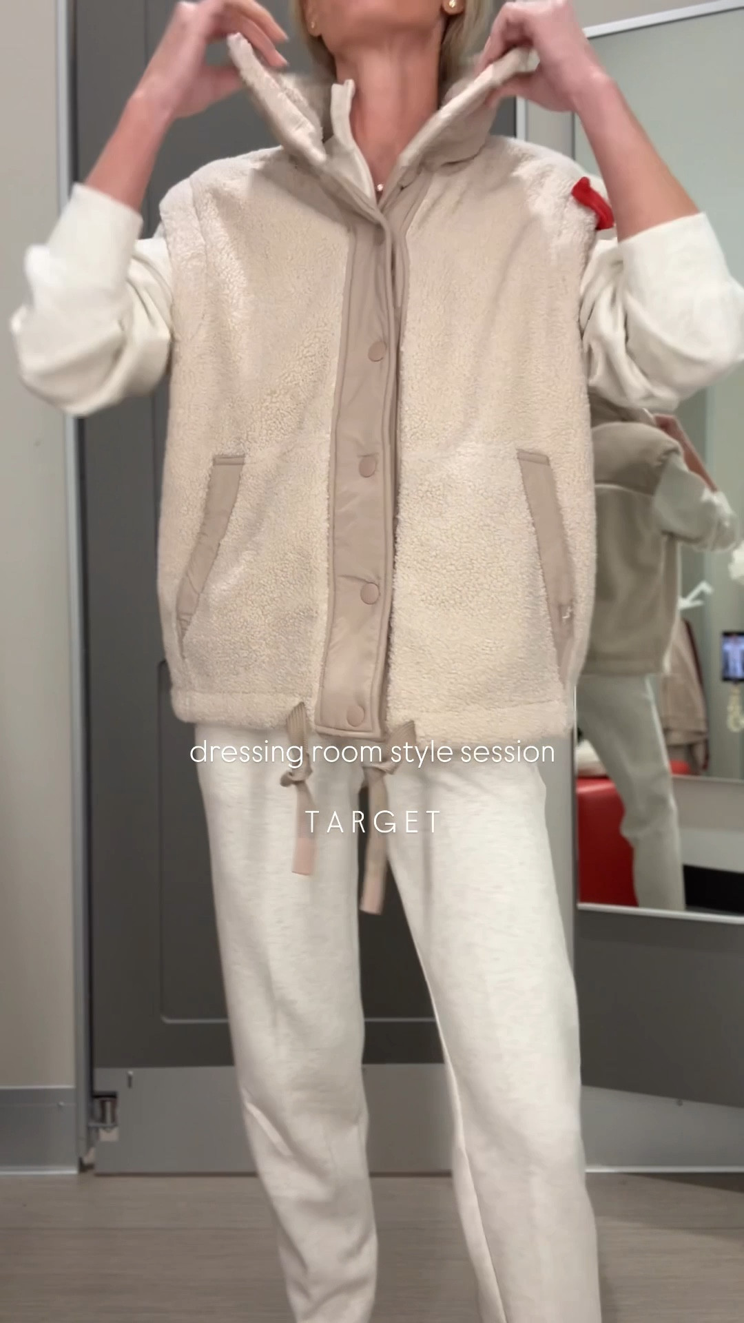 Starting to do this more! Popping into stores and getting a couple styled looks for you guys ❤️ 
THIS set is unreal good ( major Varley vibes ) and the new vest!! Ordered all colors. Runs oversized! Size small.

( XS pants and S sweatshirt ) 