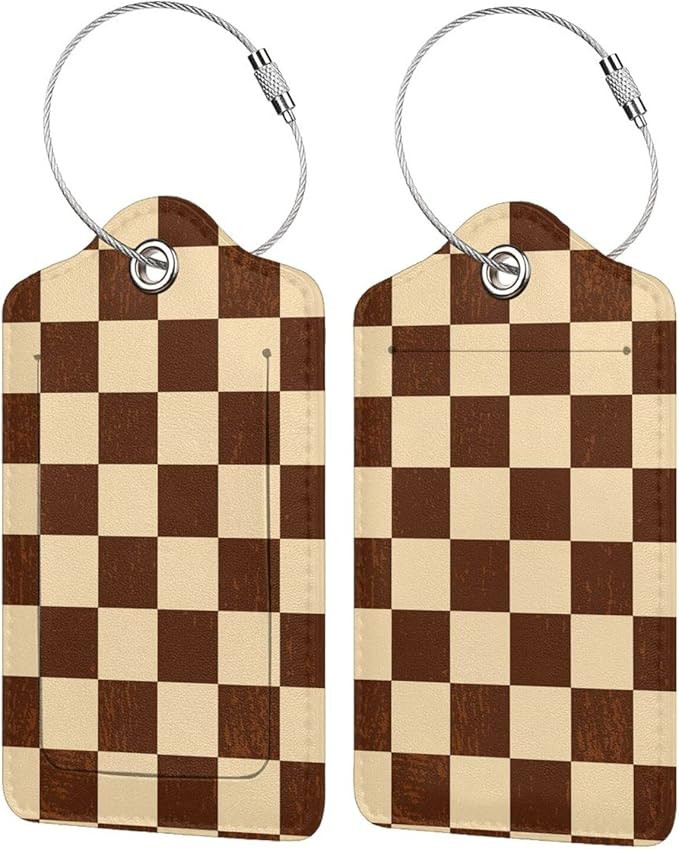 4PCS Brown Beige Checkered Luggage Tag for Suitcases Leather Travel Cruise Luggage Tags with Stai... | Amazon (US)