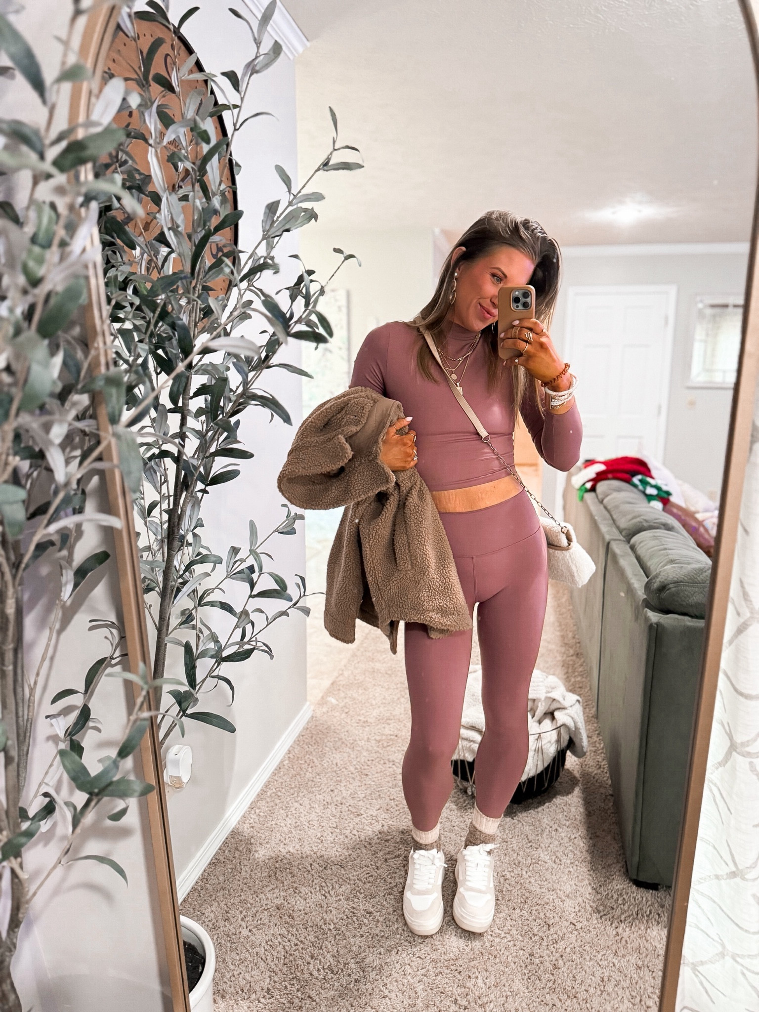 Cozy casual activewear set I found at Target and now own in multiple colors 🤌🏼🎀🤎 | Zara platform athletic shoes | American eagle Sherpa coat and scrunch socks | jewelry 

#outfitset #activewear #wintervibe #mauve #salefinds 

#LTKSeasonal #LTKfindsunder50 #LTKstyletip