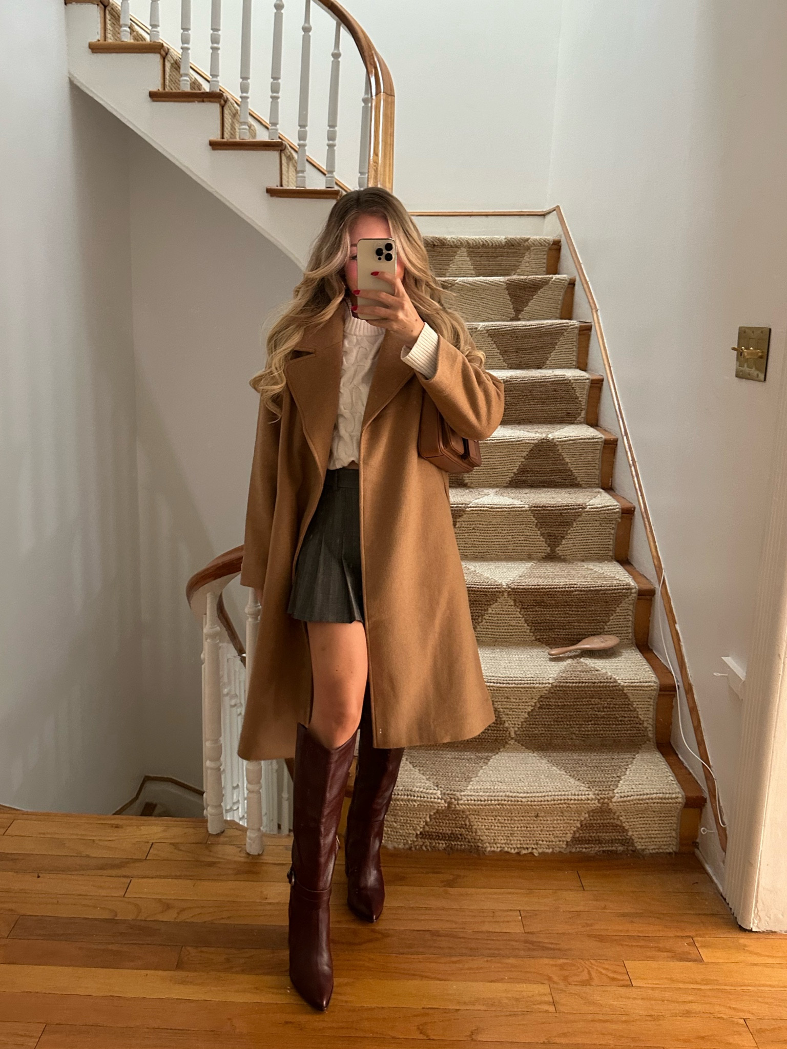 Cute fall outfit - white cable knit sweater, grey pleated skirt with built in shorts both under $60! Fave burgundy boots (also available in wide calf) 🤎

#LTKFindsUnder50 #LTKSeasonal #LTKFindsUnder100