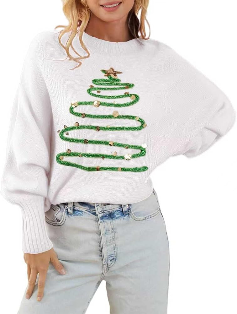 Womens Merry Christmas Sweaters Long Batwing Sleeve Sweater Loose Fit Pullover Top Sweaters | Amazon (US)