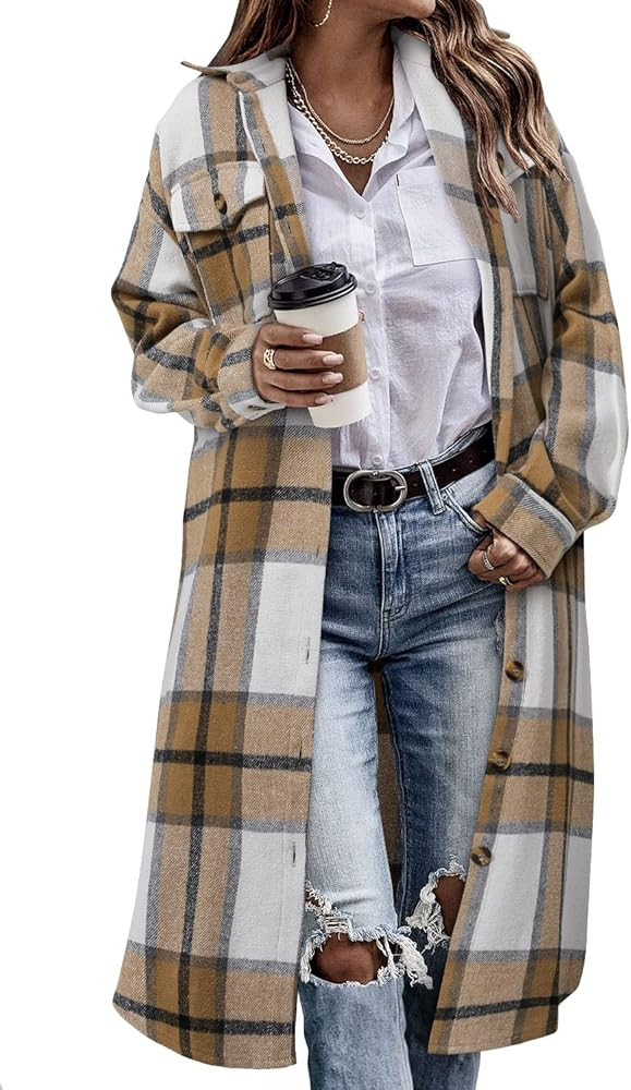 CHICZONE Womens Plaid Shacket Jacket Long Corduroy Shirt Casual Lapel Button Down Flannel Trench ... | Amazon (US)