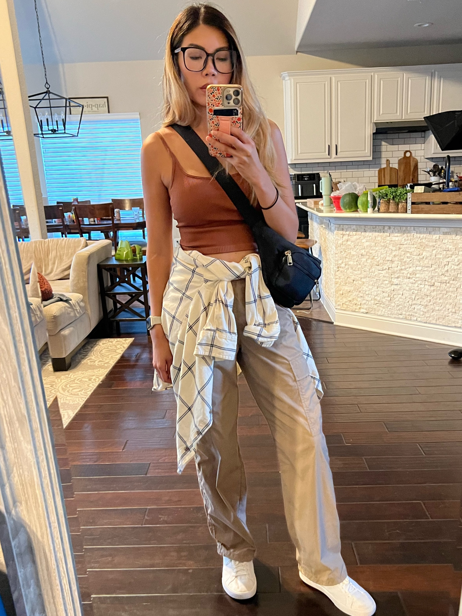 High waist khaki cargo pants - size small 
Rust colored tank with built-in bra - size medium 