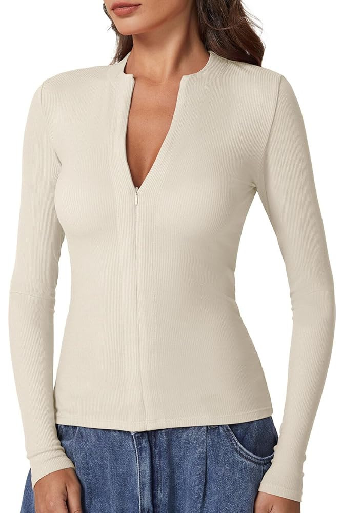 QINSEN Long Sleeve Shirts for Women Crewneck Half Zipper Ribbed Knit Going Out Tops Full Length B... | Amazon (US)