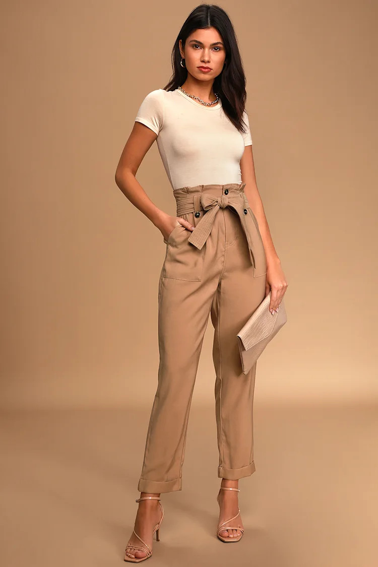 Just Wing It Khaki Paperbag Waist Cropped Pants | Lulus (US)