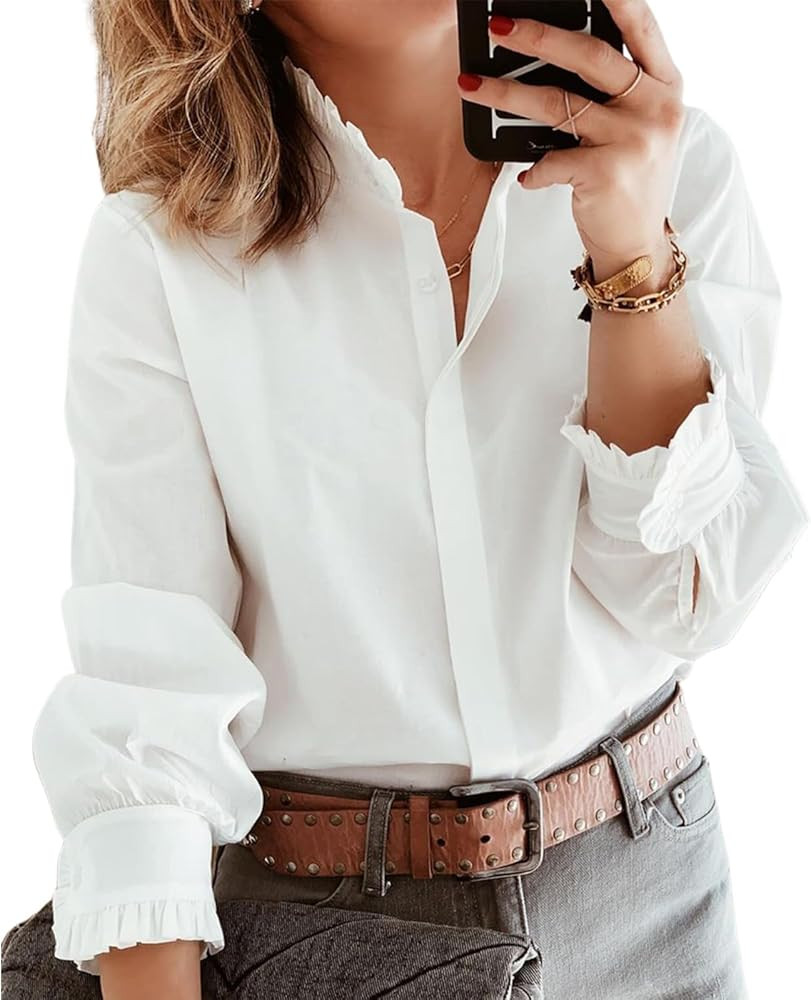 Women's White Solid Ruffle Trim Button Down Shirts Mock Neck Long Sleeve Tops 2025 Collared Offic... | Amazon (US)