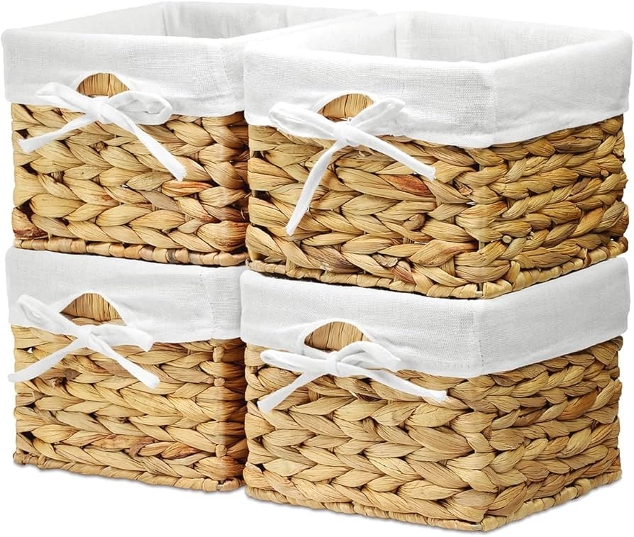 EZOWare Set of 4 Small Natural Woven Water Hyacinth Wicker Storage Baskets Organizer Bin with Lin... | Amazon (US)