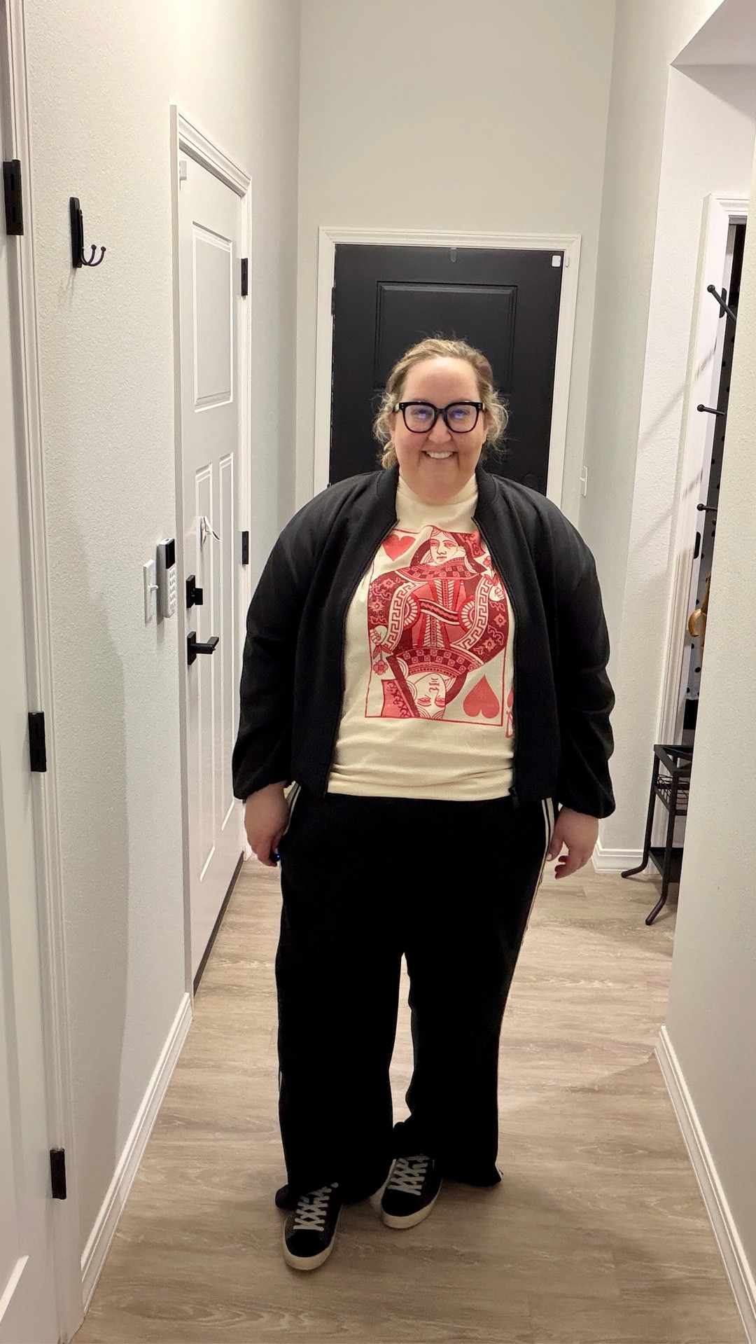 OOTD: 
@Etsy Queen of Hearts tee
@Torrid track pants
@walmart bomber jacket
@amazon glasses
@shushop sneakers

#rebekahelizstyle 

#LTKPlusSize #LTKootd