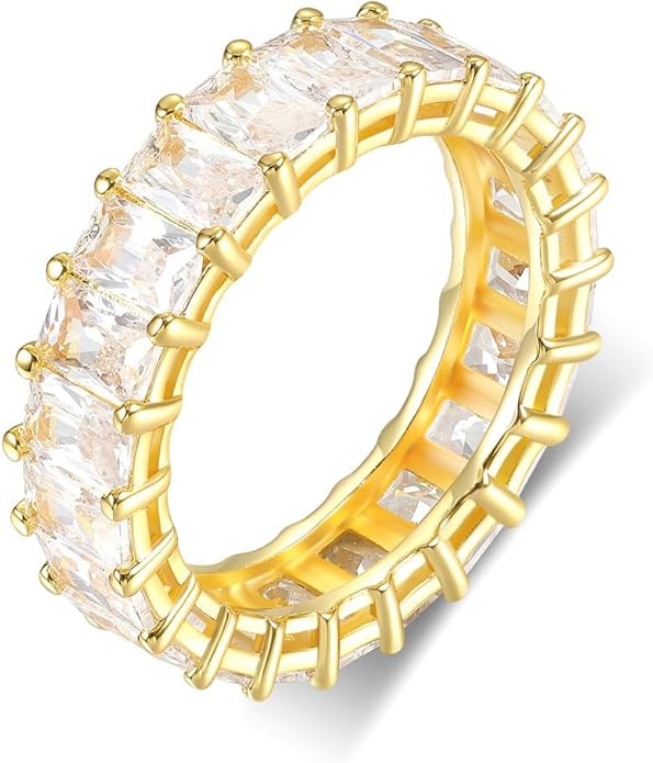 MDFUN Emerald Cut Cubic Zirconia Ring 18K White Gold/Yellow Gold Plated 1Row / 2 Row Baguette Rin... | Amazon (US)
