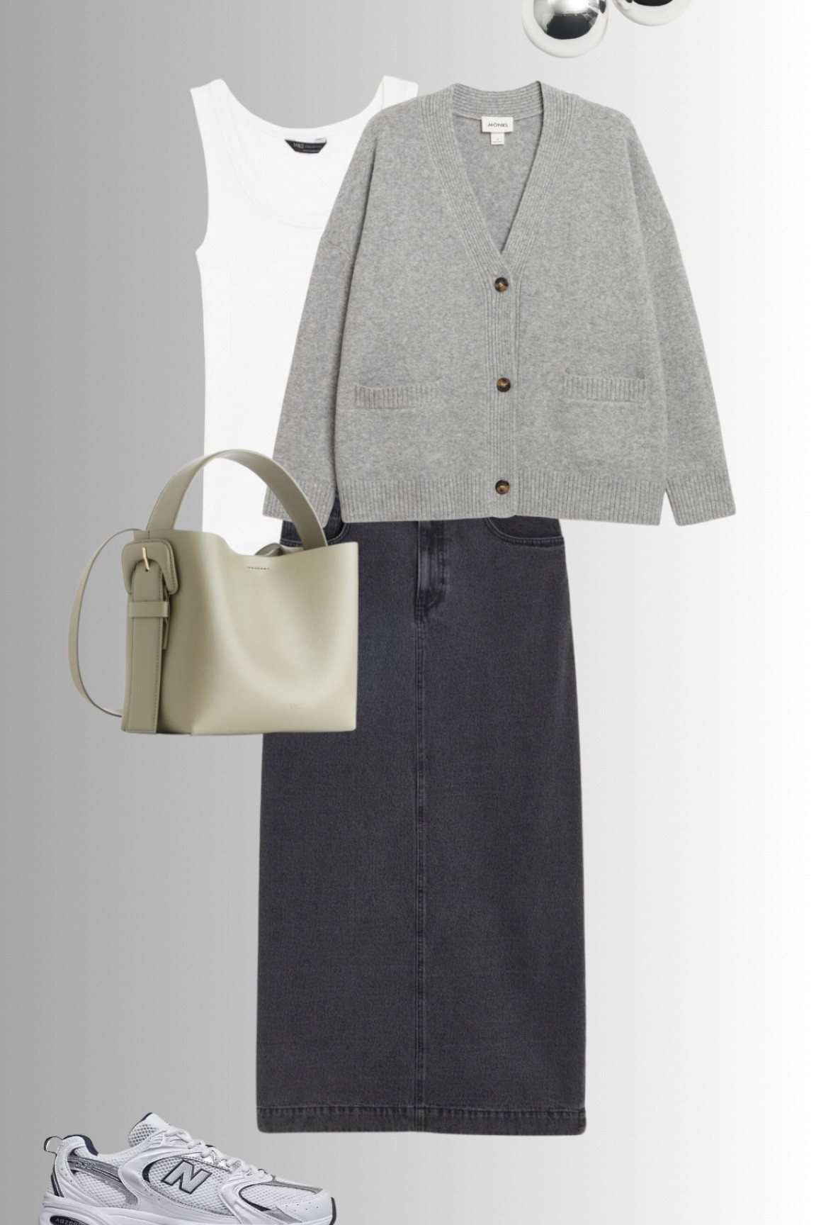 Cardi styling. A simple grey cardigan with a layered vest over a grey denim maxi skirt, new balance trainers and a neutral top handle bag. Silver earrings top of the look.