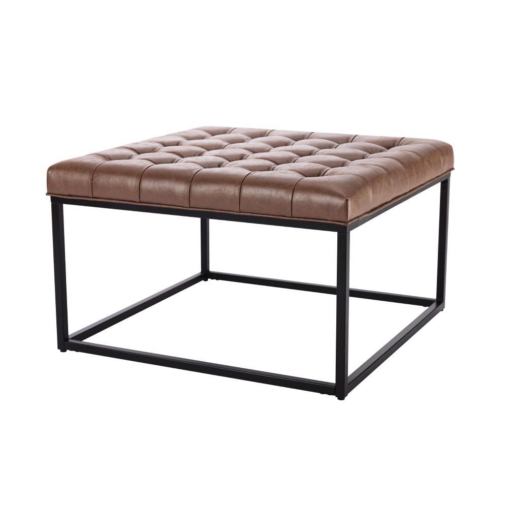 ELUXURY Walnut Faux Leather Large Square Tufted Ottoman with Black Metal Base, Brown | The Home Depot