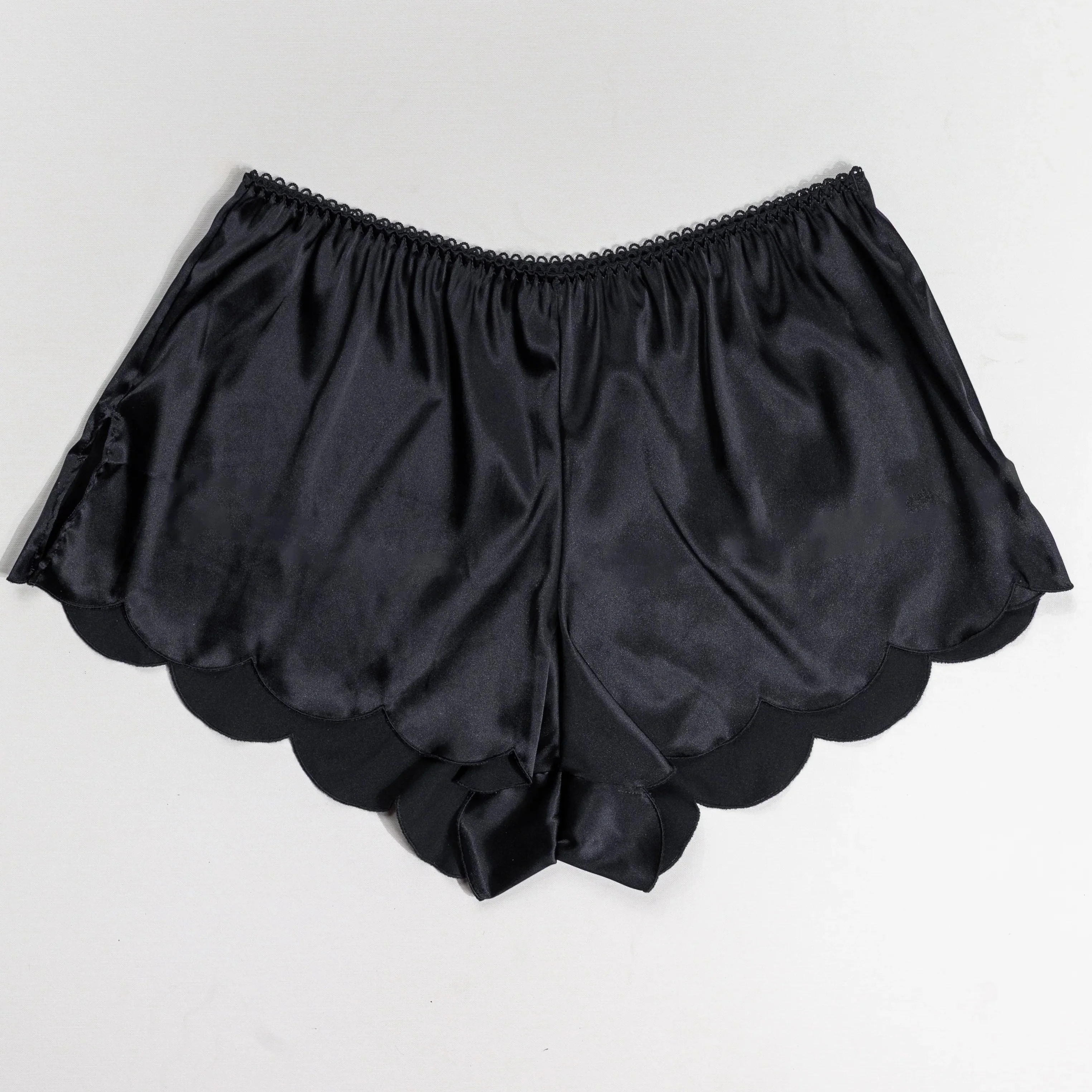 Scalloped Embroidered Satin Shorts - Black | Mentionables