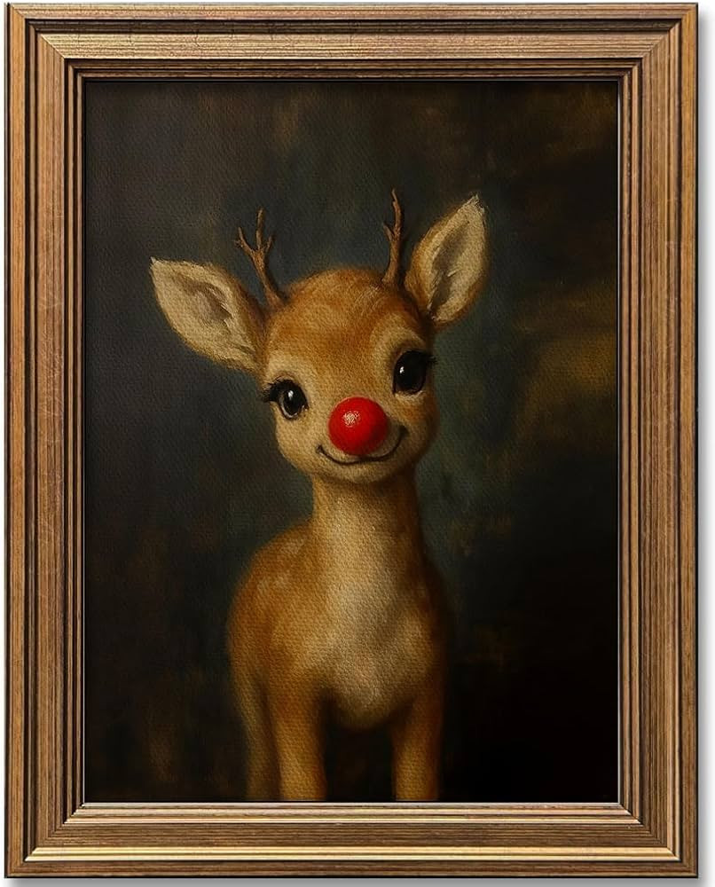 Vintage Christmas Wall Art Decor Gold Framed Art Funny Clown Reindeer Picture Painting for Home L... | Amazon (US)