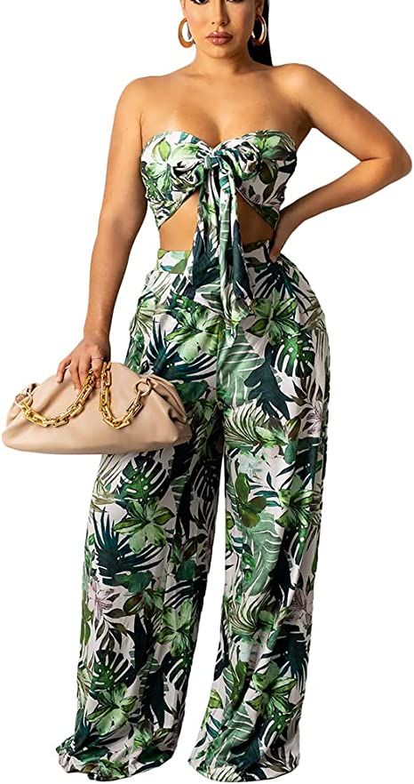 Women's Wrap V Neck Leopard Print Bandage Splicing Long Sleeve Crop Top Wide Pants Set 2 Piece Ou... | Amazon (US)