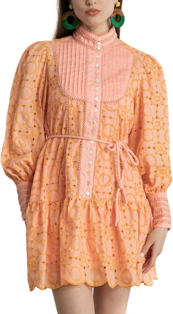 Aofur Summer Cotton V Neck Long Losse Sleeve Casual Party A-Line Dresses Embroidery Short Dress | Amazon (US)