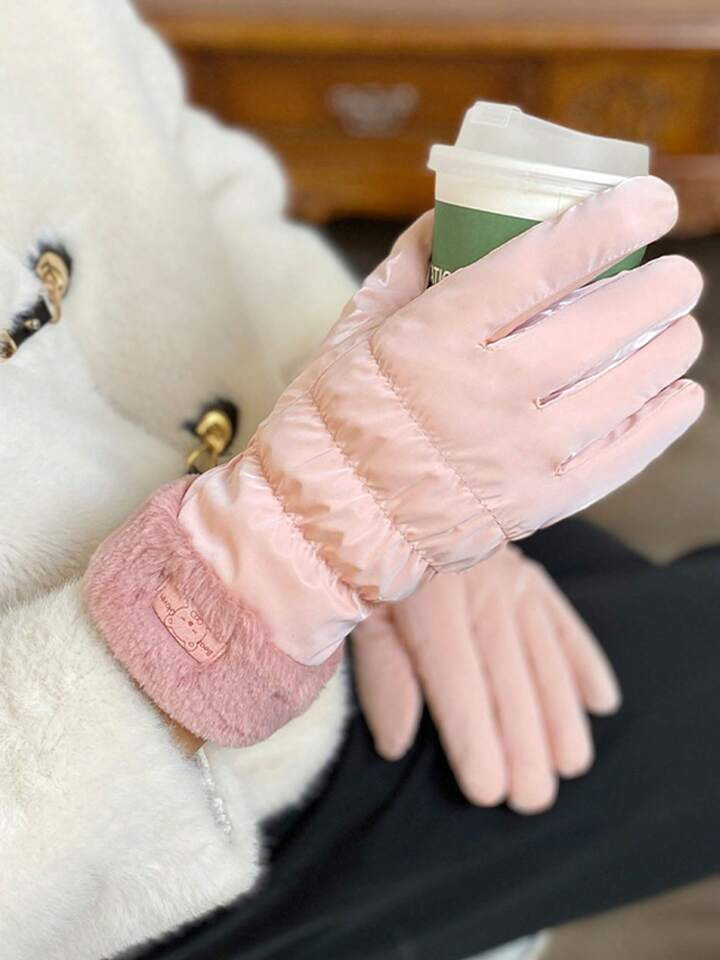 Women's Faux Fur Cuff Fleece Lined Windproof Thermal Touchscreen Gloves Waterproof Winter Warm Snow Gloves For Skiing Cycling Outdoor Sports | SHEIN