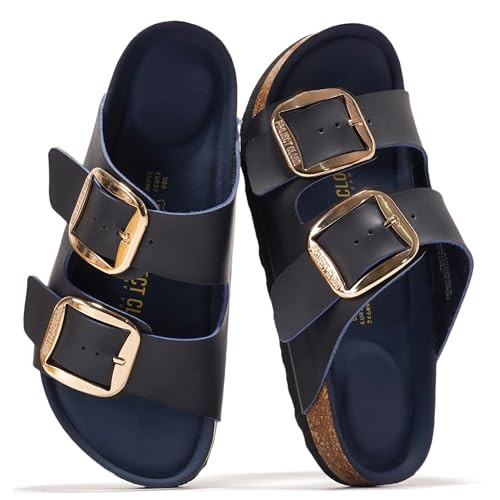 Project Cloud Genuine Leather Flat Sandals for Women 2025 Comfortable Beach Essentials Womens Sandals Memory Foam Vacation Essentials Slides for Women Footwear (Santorini, NAVY,10) | Amazon (US)