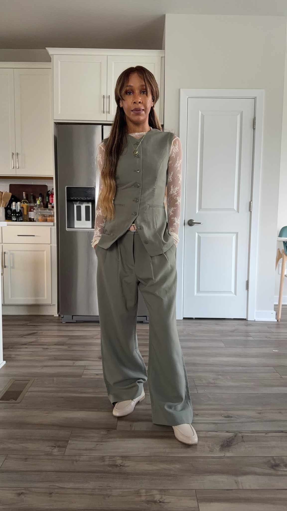 Abercrombie, Taylor, trouser and tailored best with lace top workwear outfit ￼

#LTKootd #LTKPetite
