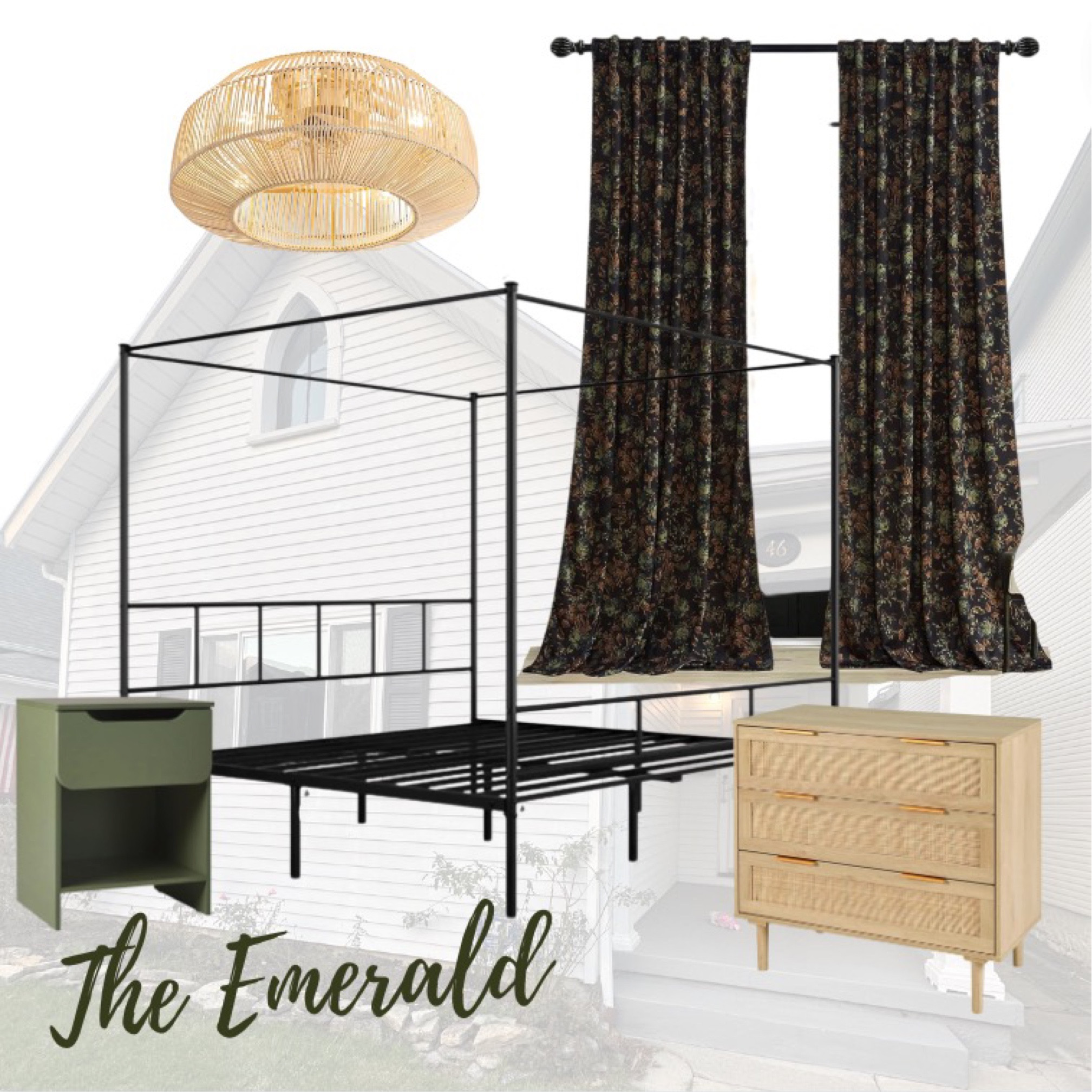 It's time to start designing and finishing our new rental, The Emerald! This is my design mood board for the primary bedroom. A little dark and moody is the vibe 