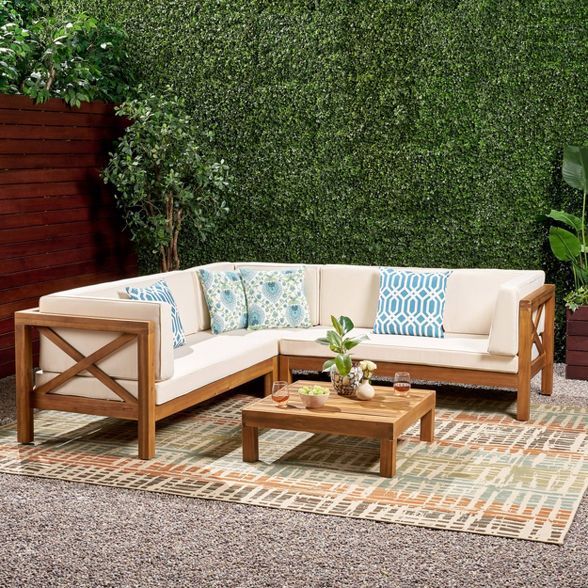 Brava 4pc Wood Patio Chat Set w/ Cushions - Christopher Knight Home | Target