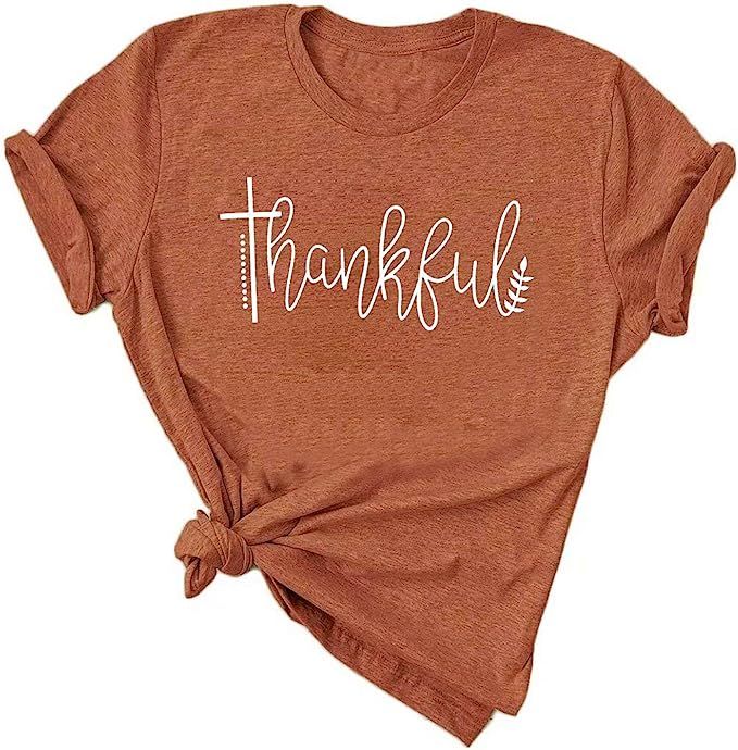 JEALLY Thanksgiving Tshirts Women Thankful Graphic Letter Print T-Shirt Casual Short Sleeve Tee T... | Amazon (US)